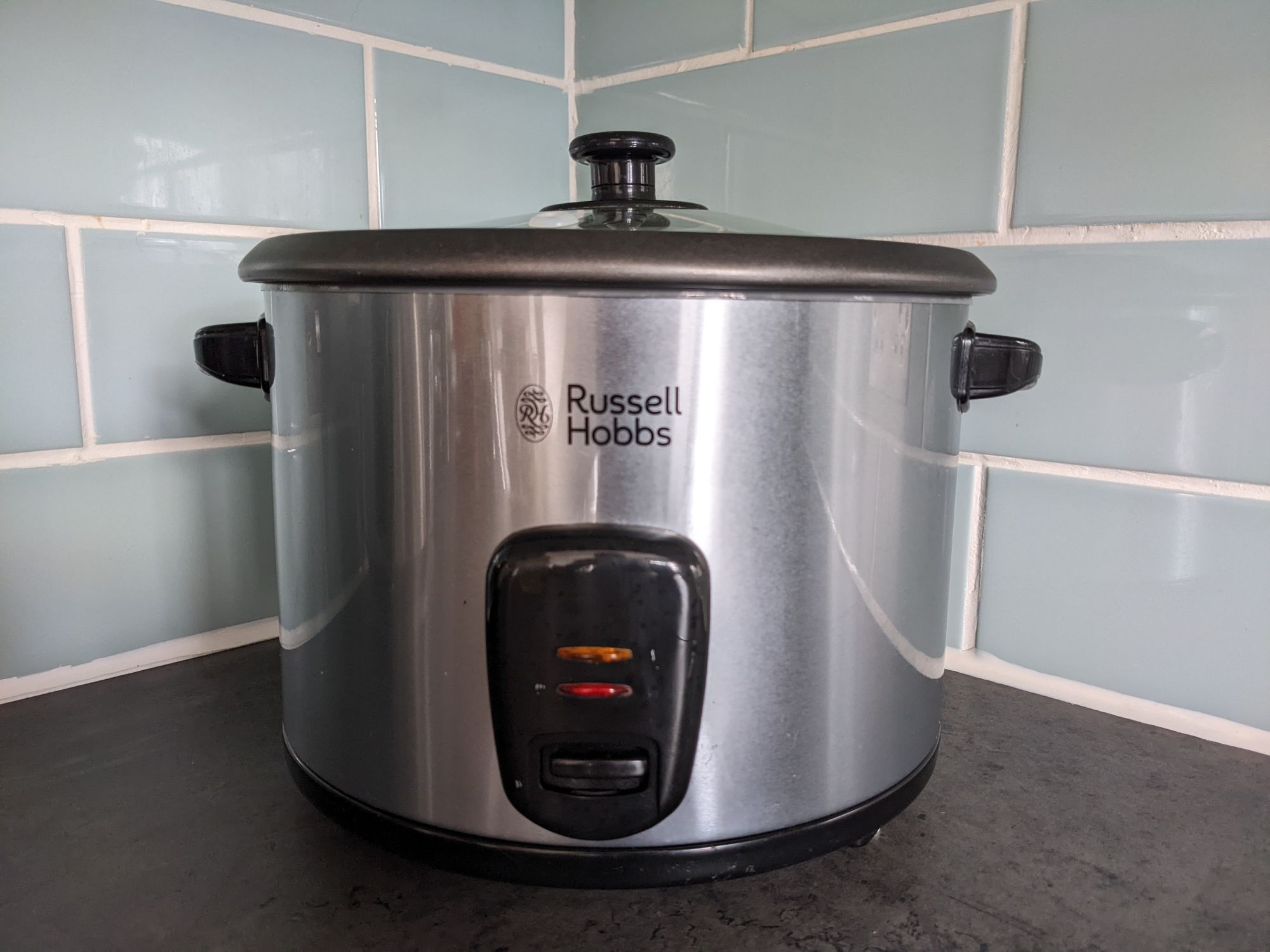 A stainless steel Russell Hobbs rice cooker.