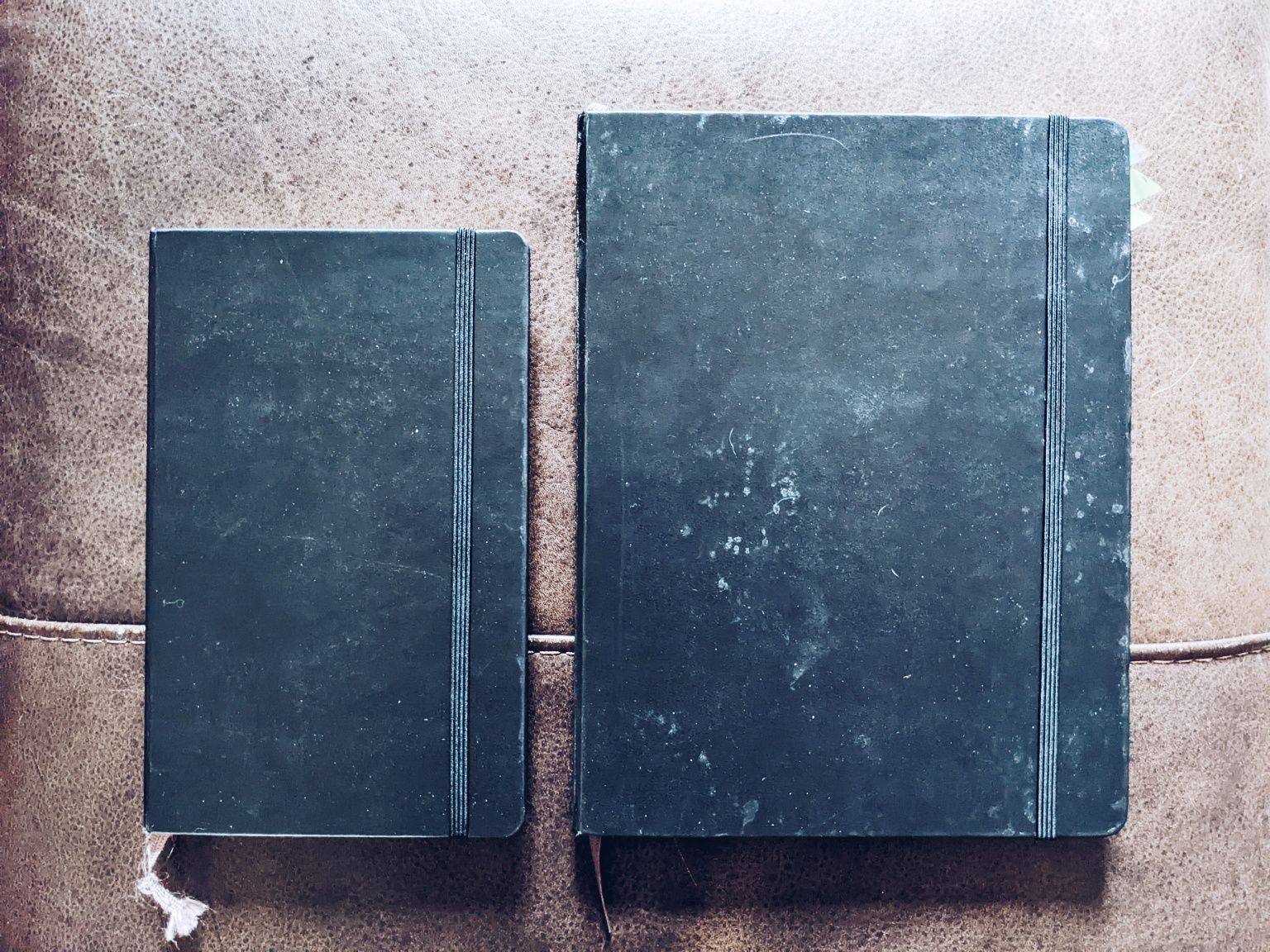 Two black Moleskin journals with plain pages.
