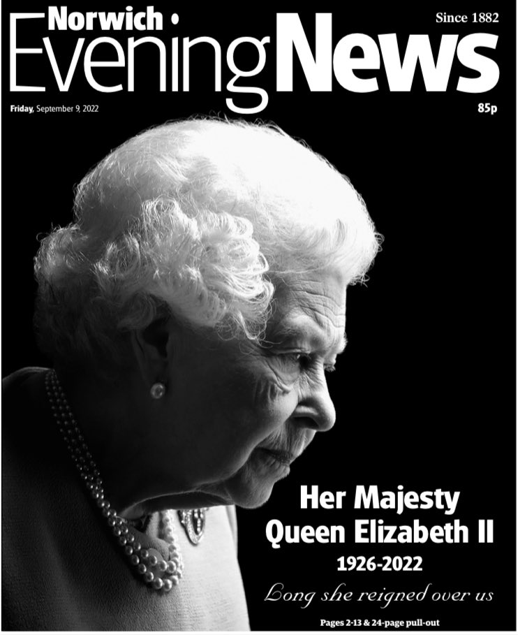 The Norwich Evening News front page on Friday September 9, 2022 the day after Queen Elizabeth II died.