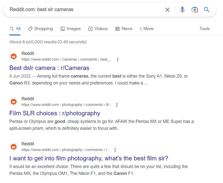 A screenshot of using Google's website specific search tool to find better results in Reddit.