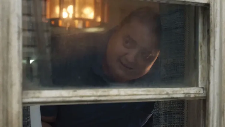 Brendan Fraser plays Charlie in The Whale (2023) seen here peeking at the outside world from his apartment.