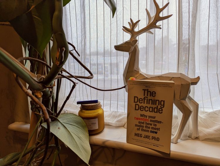 The Defining Decade by Meg Jay with a reindeer statue against a window